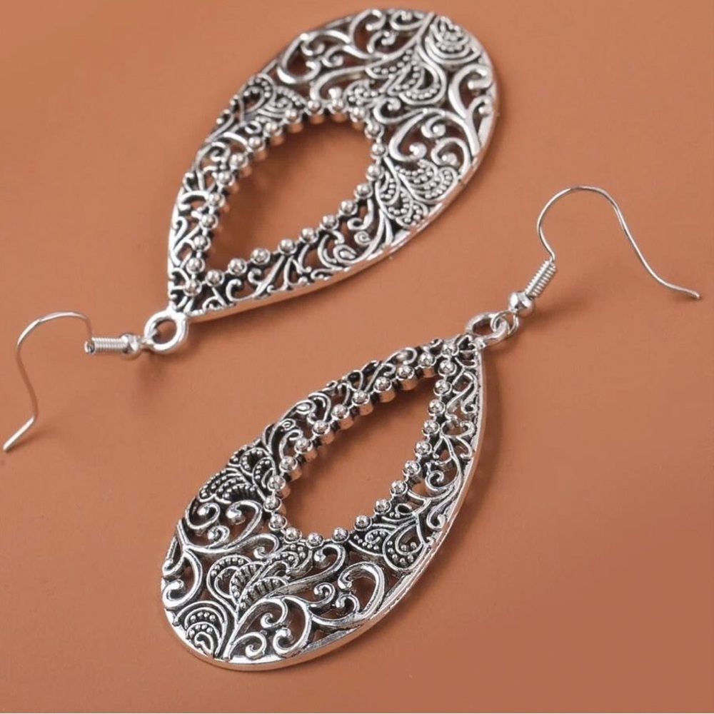 Any 4/$25! Silver Intricate Boho Teardrop Statement Earrings - Picture 3 of 6